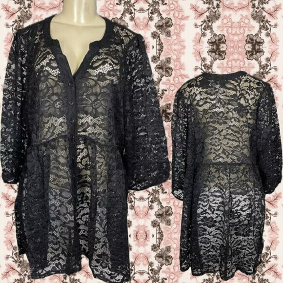 Torrid + 3 Black Sheer Floral Lace Button Down Step-Hem 3/4 Sleeve Babydoll Top - Picture 1 of 6